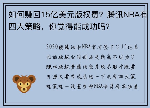 如何赚回15亿美元版权费？腾讯NBA有四大策略，你觉得能成功吗？