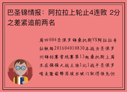 巴圣锦情报：阿拉拉上轮止4连败 2分之差紧追前两名